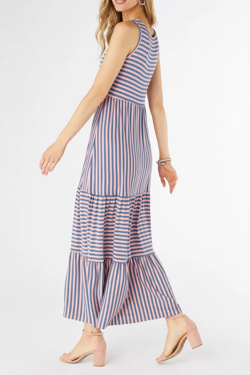 Janie Striped Tiered Maxi Dress Small/Medium Pink/Blue - Image 2