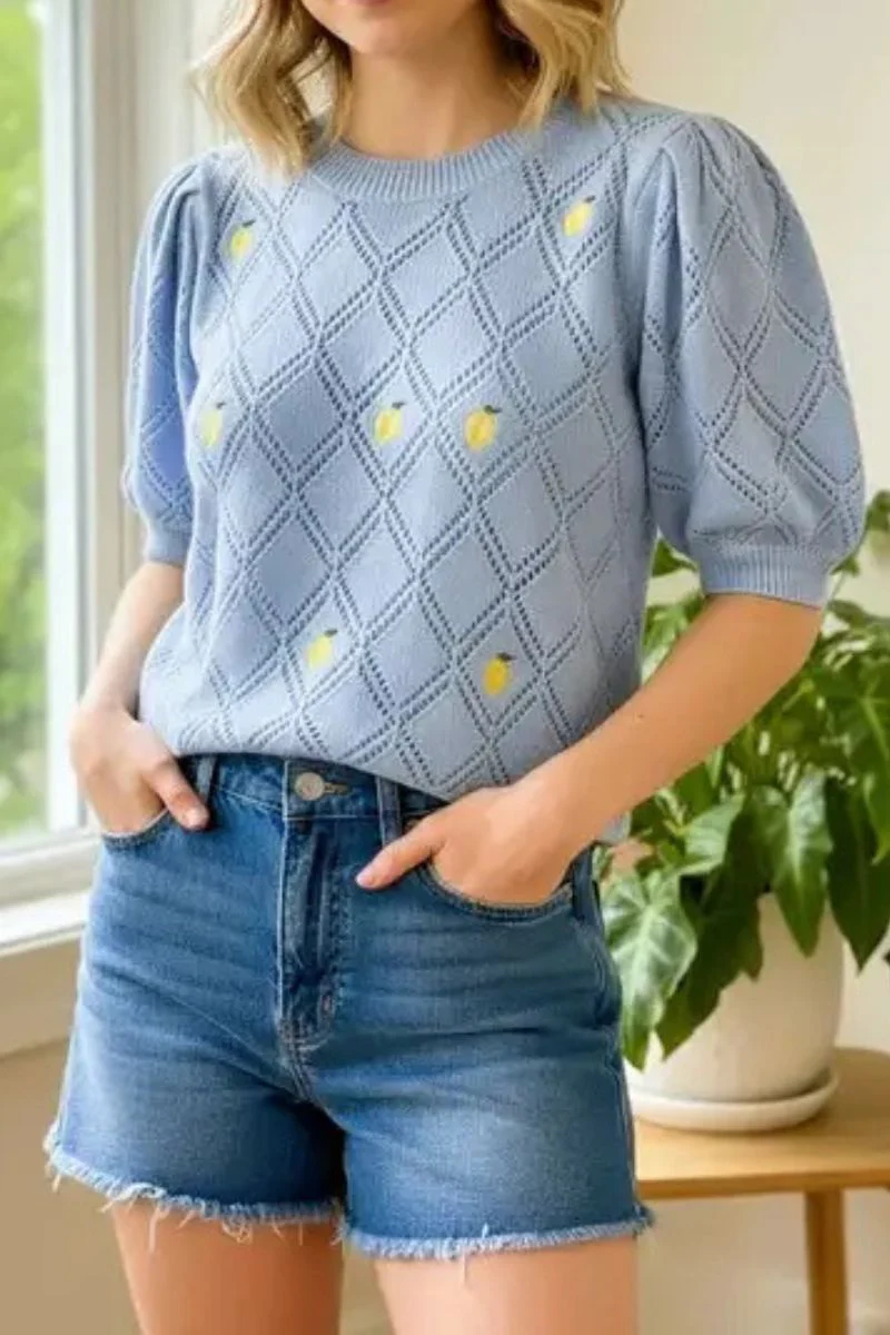 Lemon Embroidered Sweater Medium Chambray