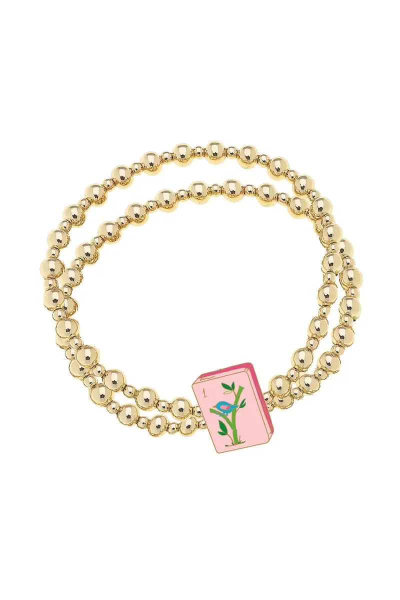 Mahjong Tile Ball Bead Stretch Bracelet in Shiny Gold