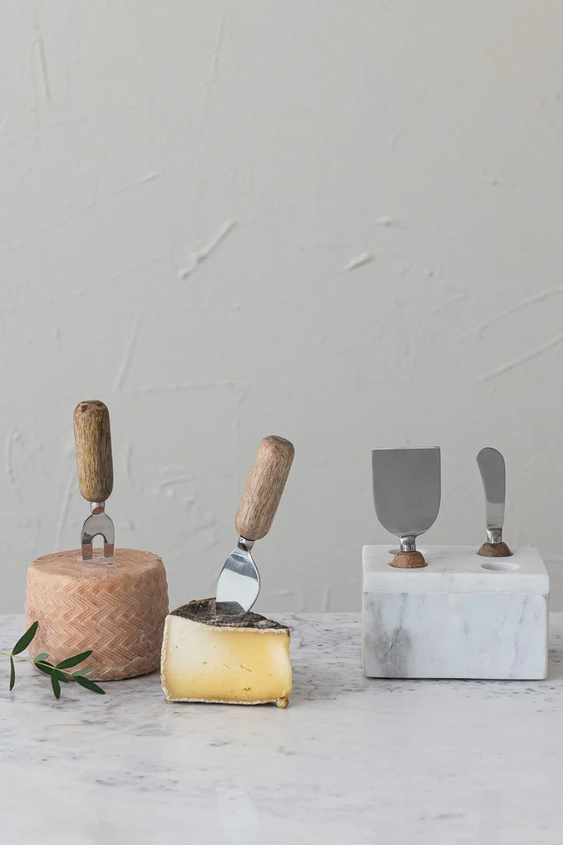 Creative Co-Op Stainless Steel Cheese Servers with Mango Wood Handles & Marble Stand White & Natural Set of 5