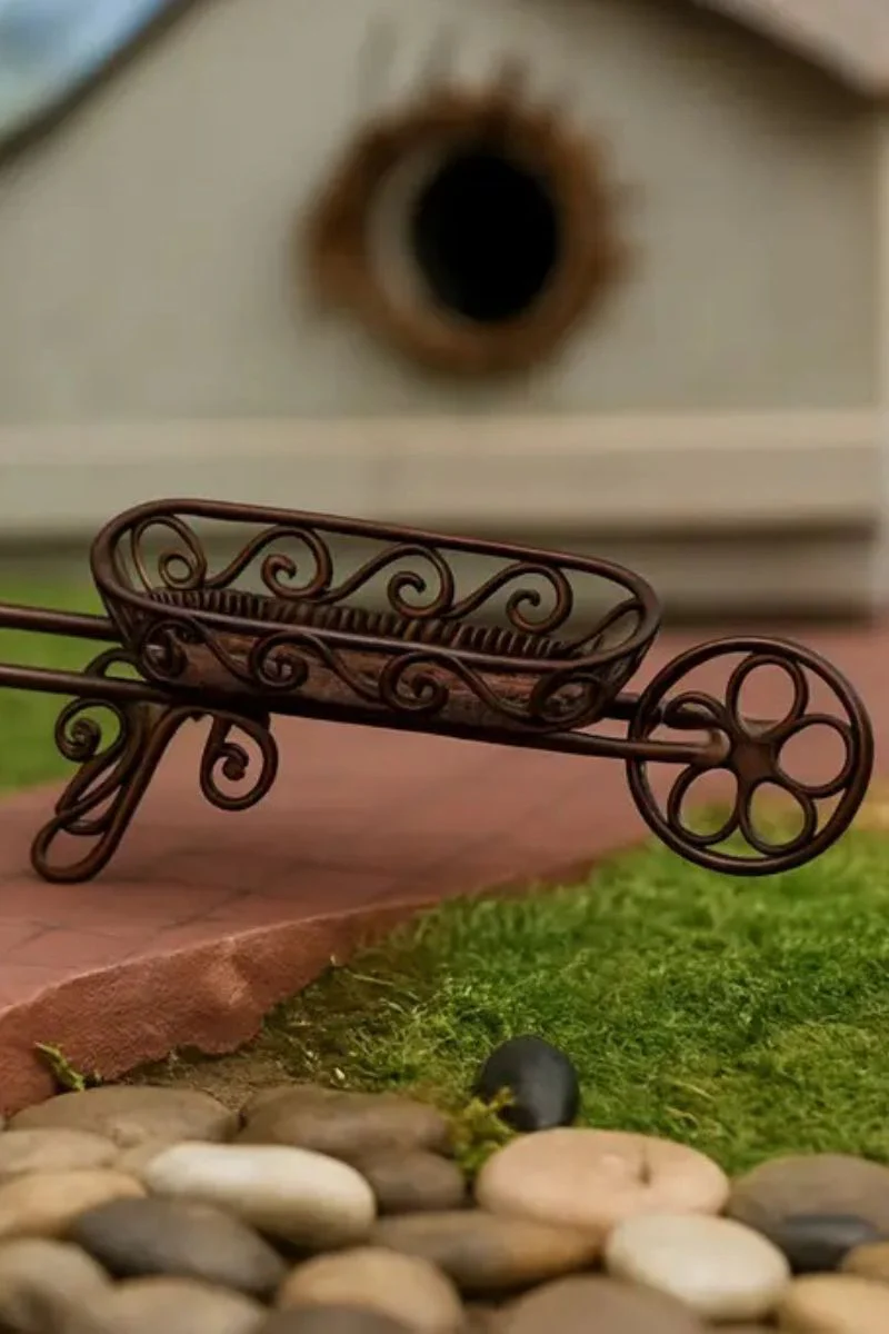 Miniature Garden Mini Brown Scroll Wire Wheelbarrow