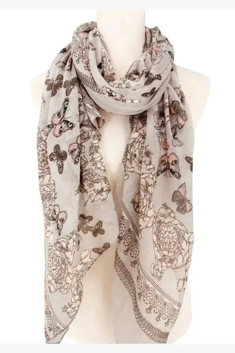 Multicolor Butterfly Floral Scarf Gray
