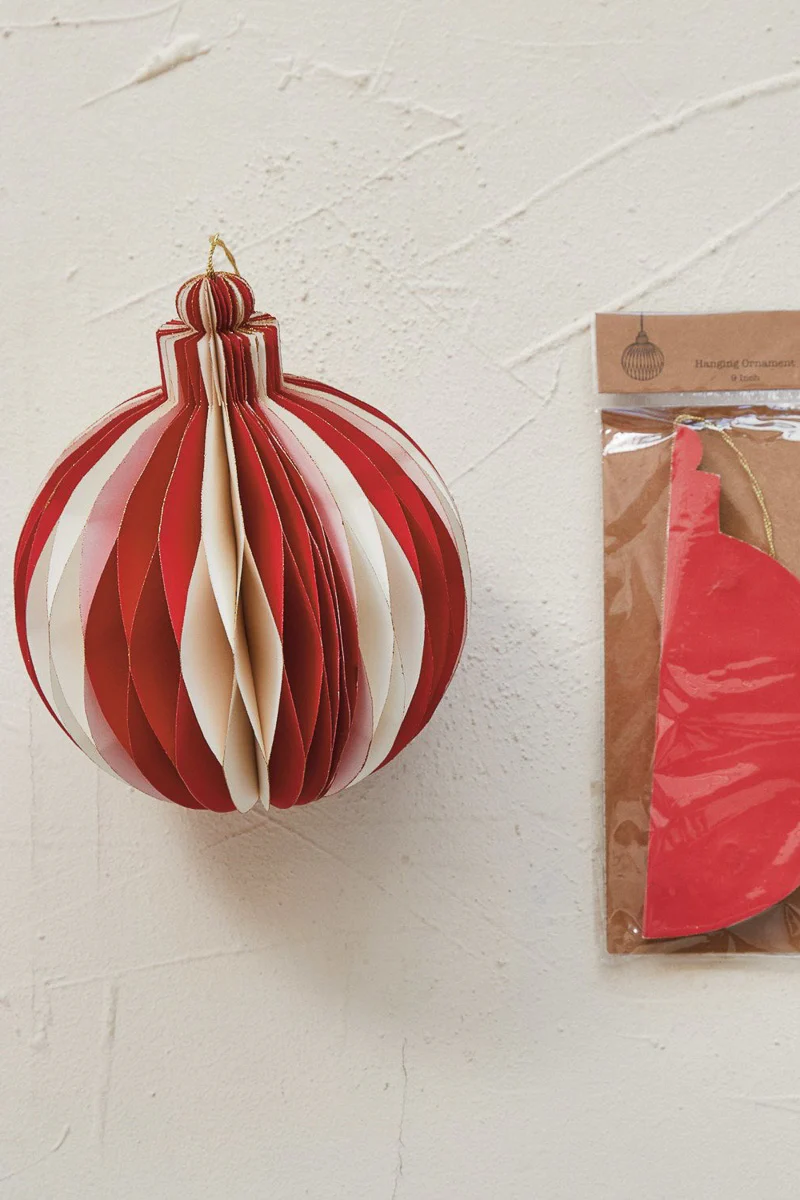 Paper Honeycomb Ornament Round with Gold Glitter Edge Cream & Red Assorted - Image 2