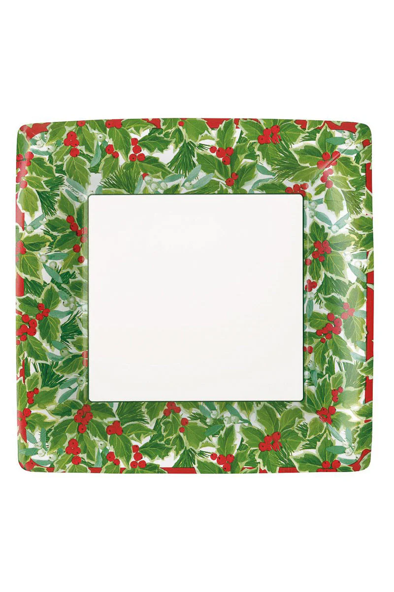 Caspari Holly and Mistletoe Paper Square Dinner Plates