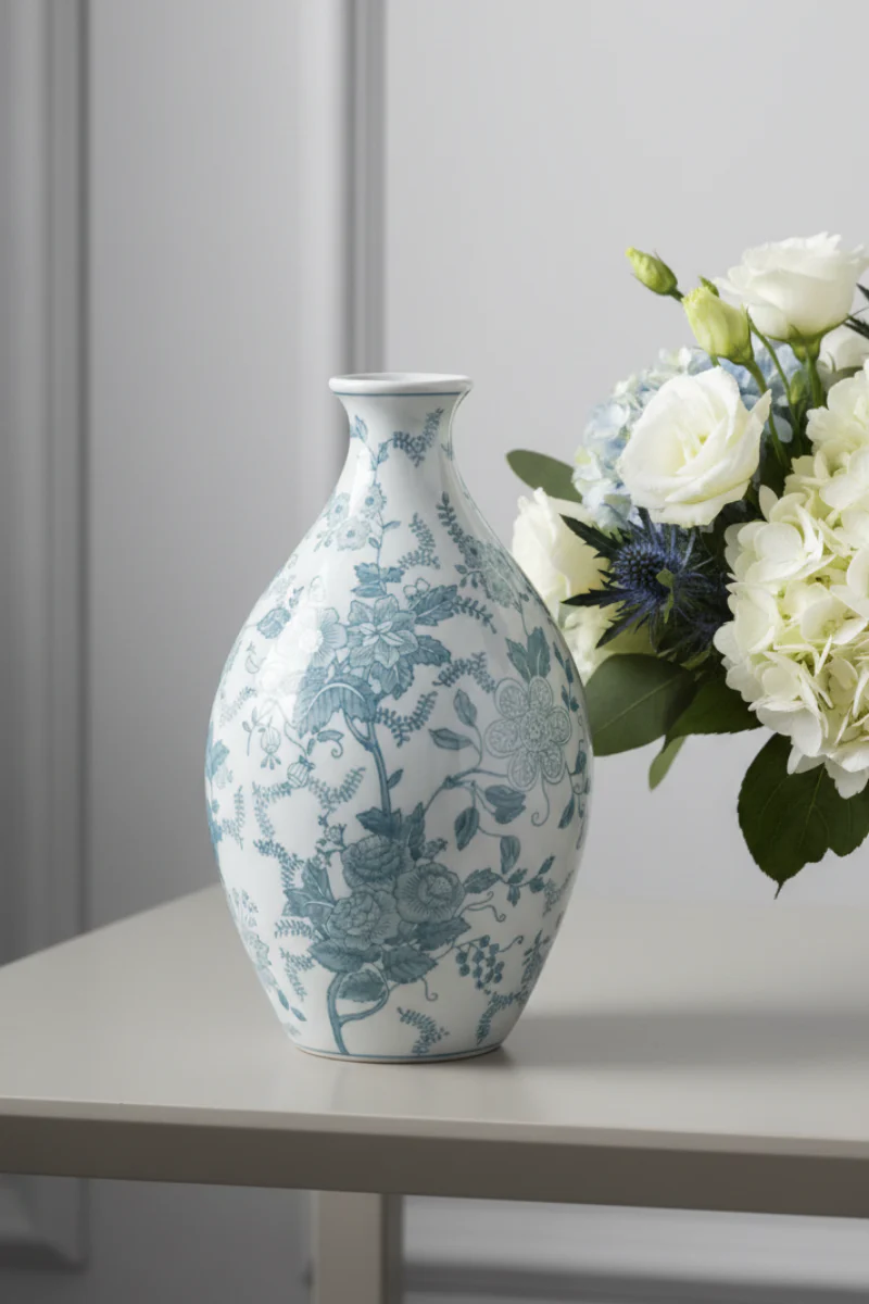 Porcelain Chinoiserie Vase Medium Teal & White