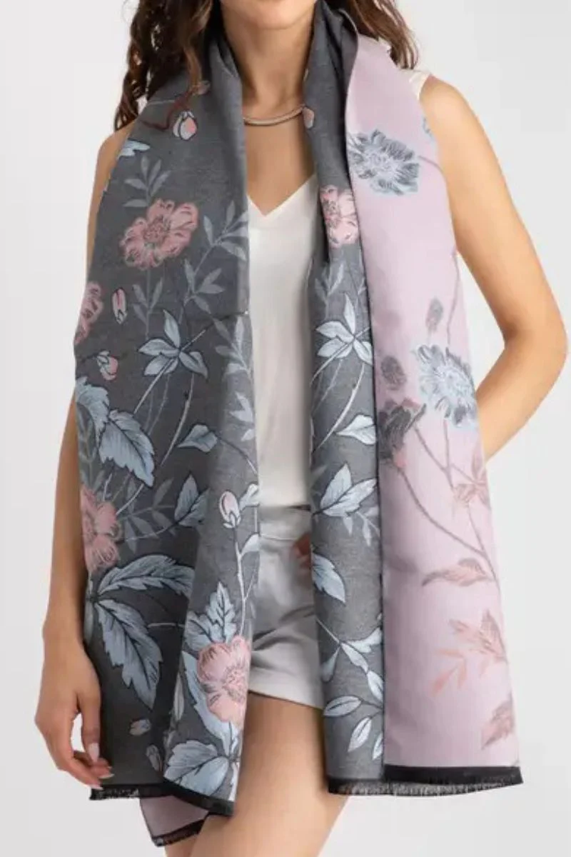 Reversible Floral Scarf Pink Grey