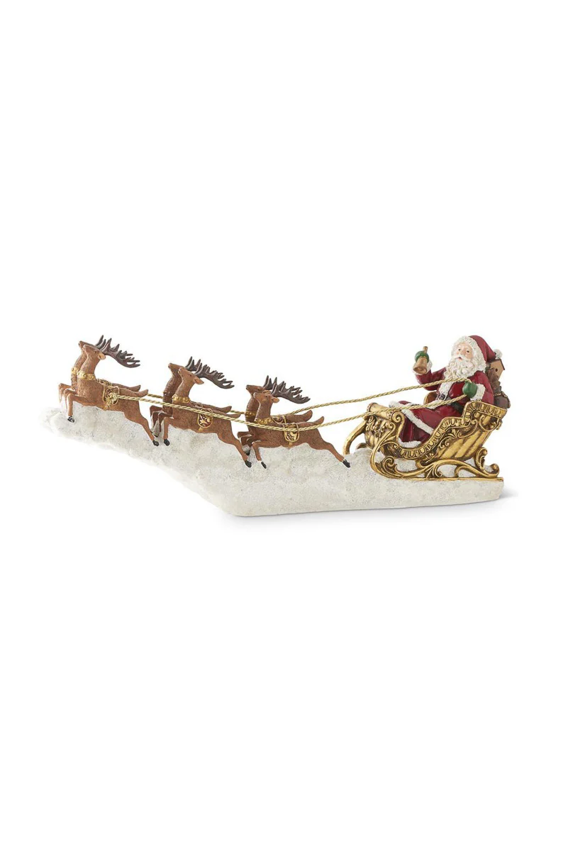 Santa In Sleigh With Deer 25" Gold
