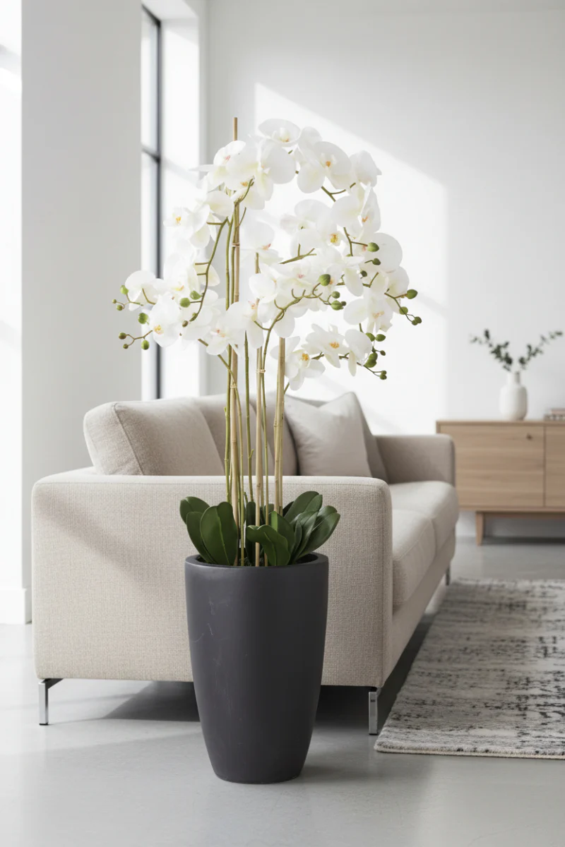 SILK ORCHID WH BK CER POT49.5"