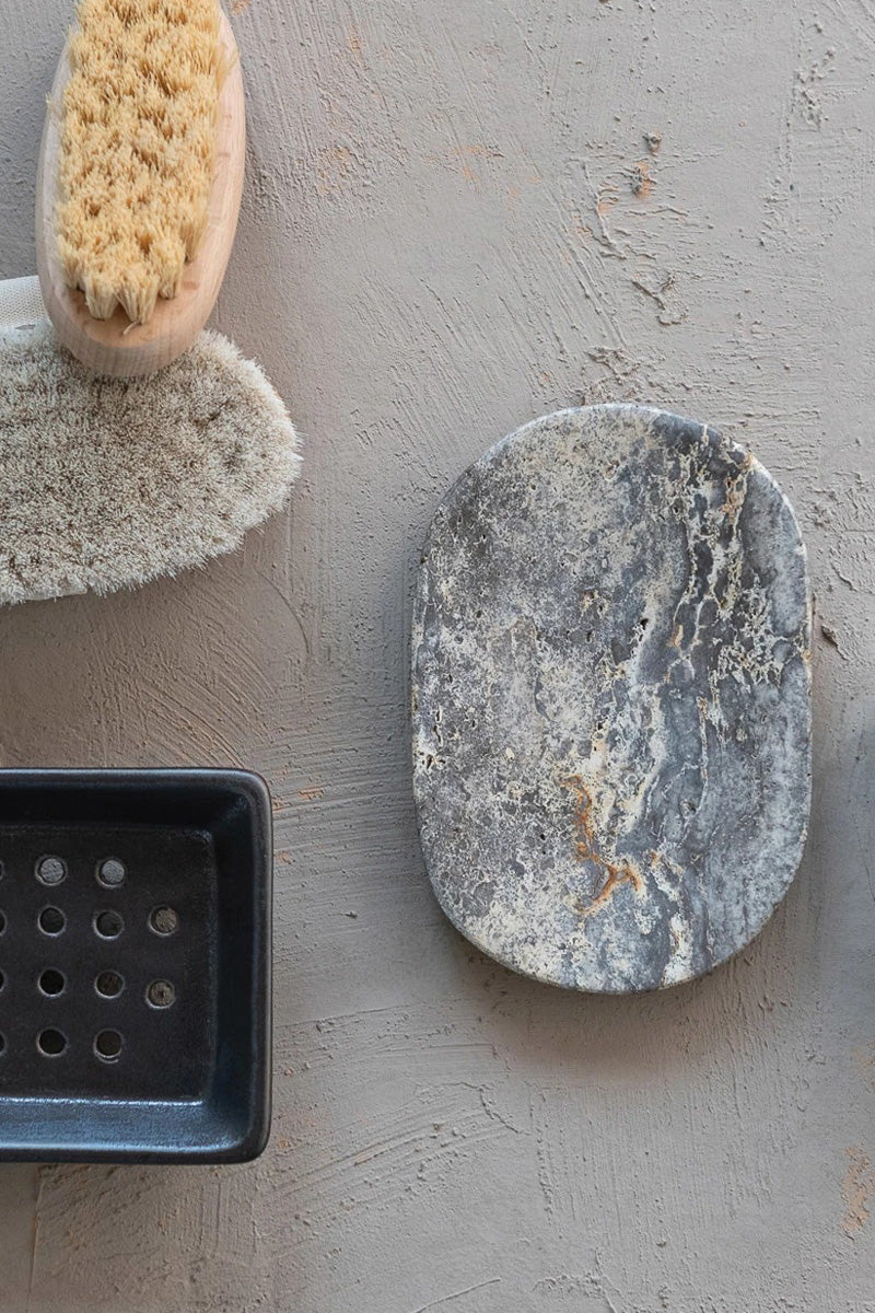 Creative Co-Op Travertine Oval Soap Dish 6" x 4" Grey