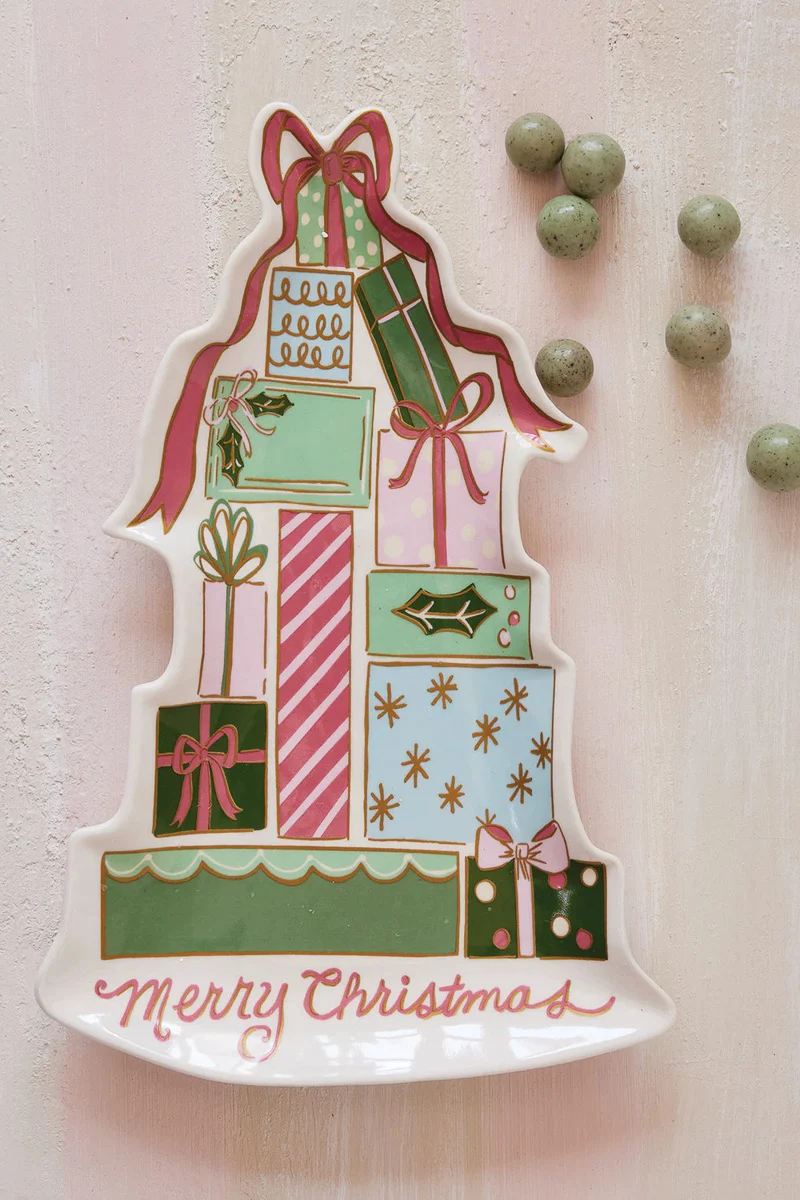 Stoneware Platter with Gifts "Merry Christmas" 12.25"x 8"