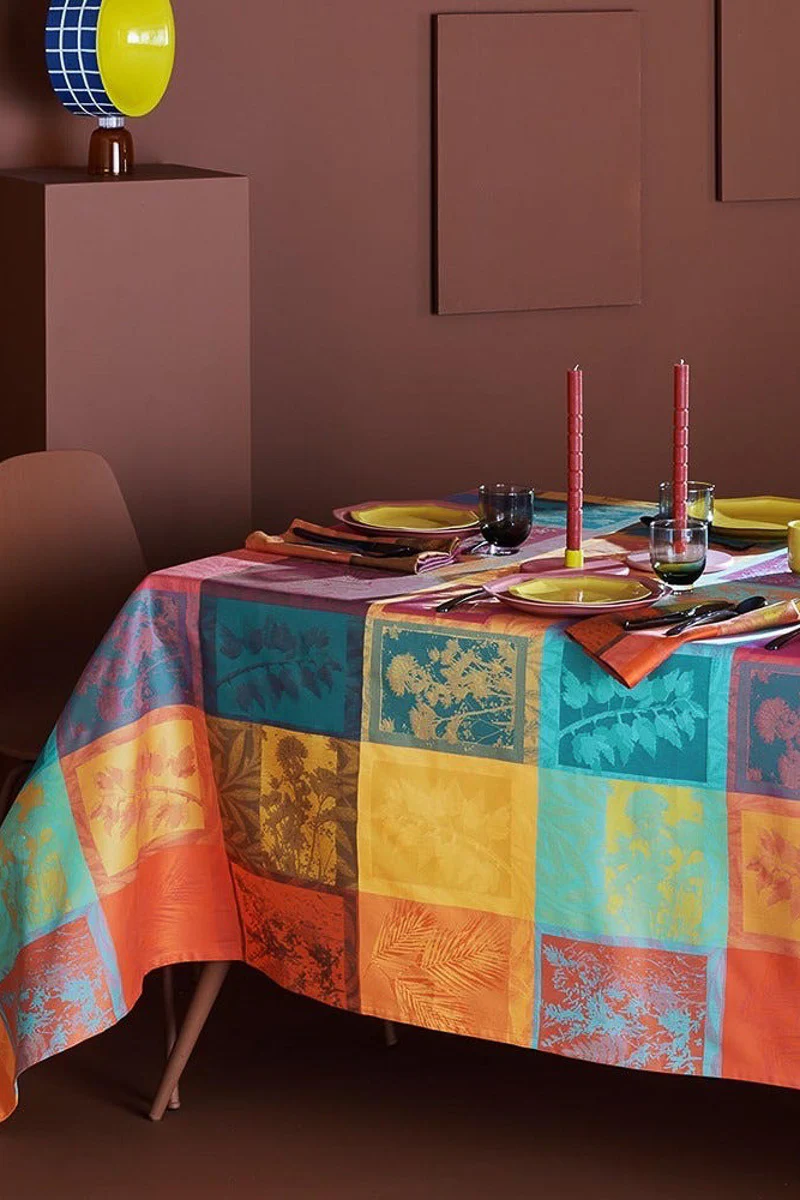 Garnier-Thiebaut Mille Vegetaux Coated Tablecloth 69"x98" Sunset