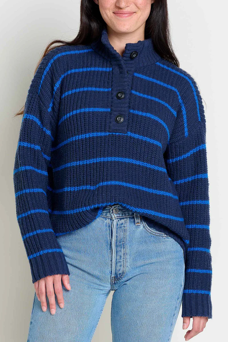Toad & Co Women's Moss Point Henley Sweater Nautical Stripe Extra Large - Image 2