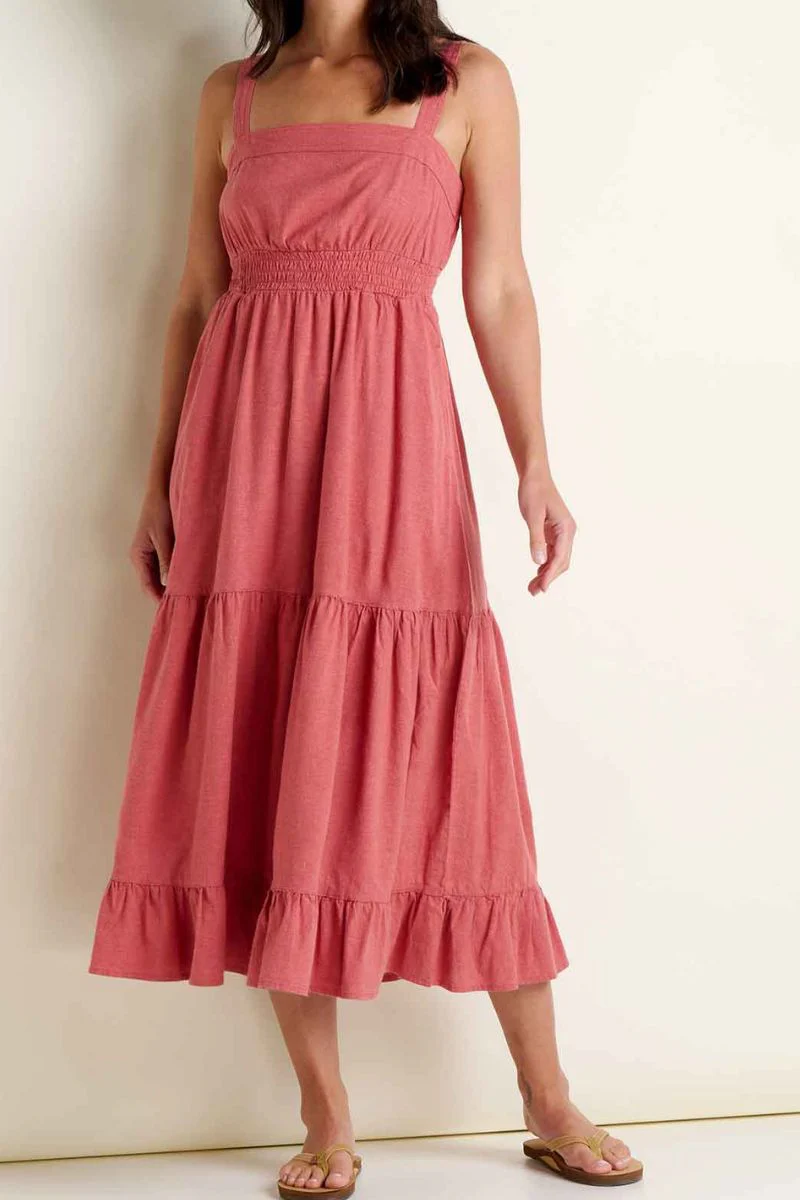 Toad & Co. Women's Taj Hemp Tiered Midi Dress L Dusty Cedar
