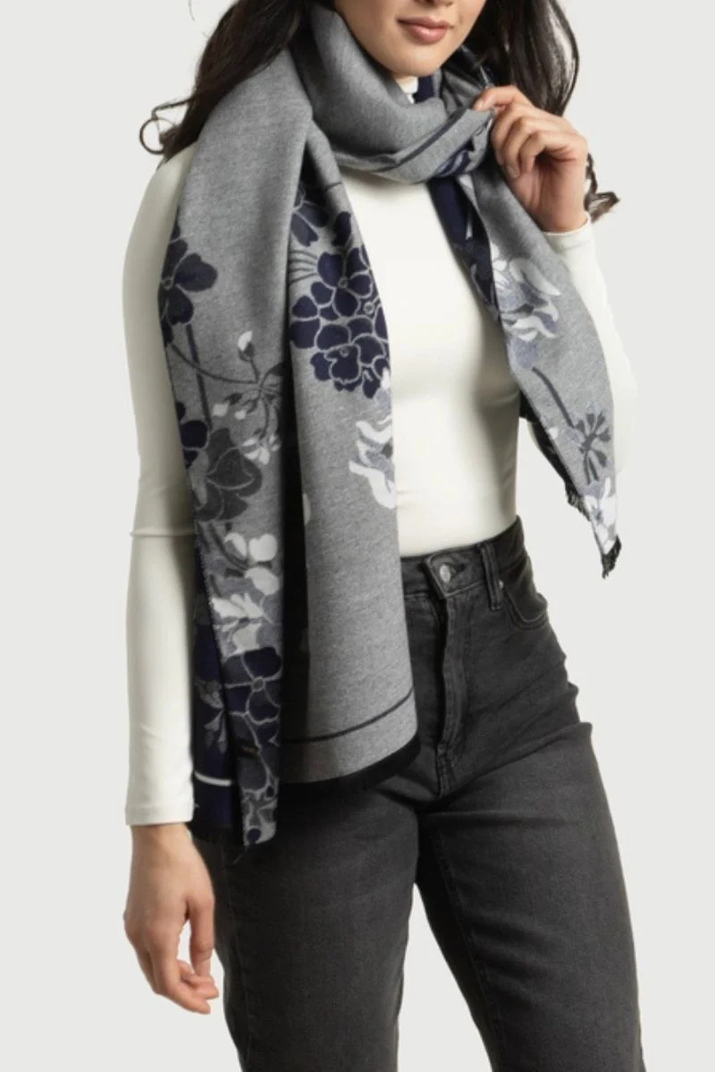 Two Color Floral Reversible Scarf Navy Grey - Image 2