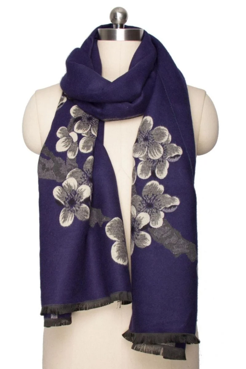 Two Color Floral Reversible Scarf Navy Grey - Image 3