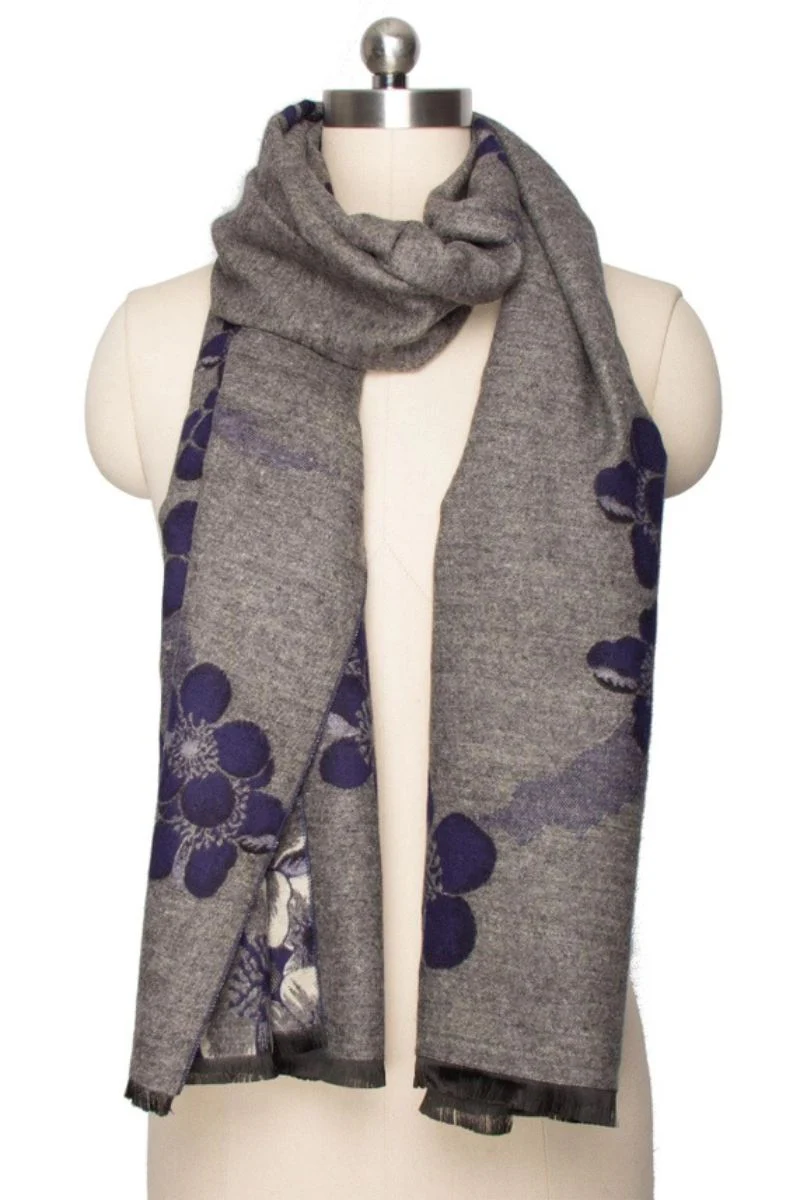 Two Color Floral Reversible Scarf Navy Grey - Image 4