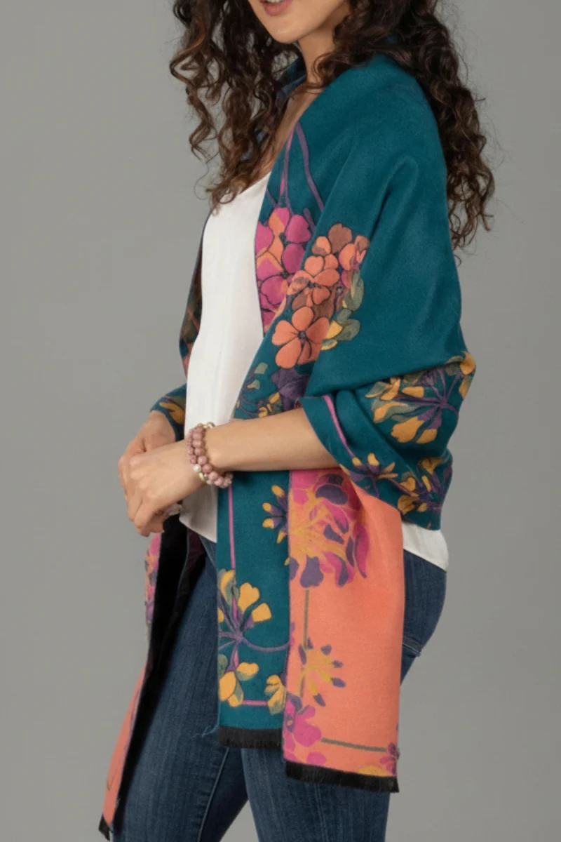 Two Tone Floral Reversible Scarf Turquoise - Image 4